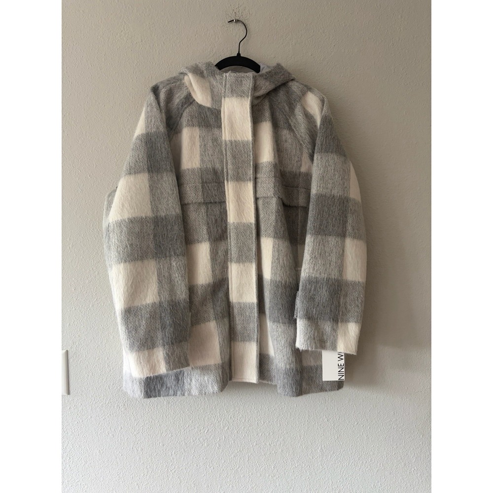 Nine West Womens XXL Coat Gray Cream Plaid Faux Wool Hooded Overcoat AF8111K